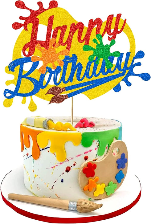 Happy Birthday Cake Decoration, Glitter Art Brush Palette Themed for Girl Boy Kids Birthday Party (Double Sided)
