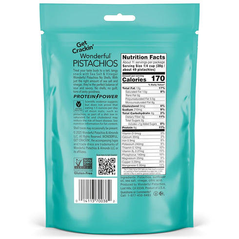 11 Wonderful Pistachios No Shells, Sea Salt & Vinegar Flavored Nuts, Ounce Resealable Bag, Protein Snacks, Gluten Free