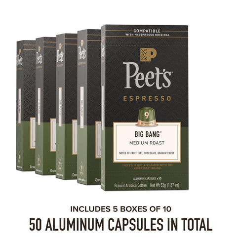 100% 9, 50 Count (5 10 Peet's Coffee, Medium Roast Espresso Capsules, Compatible with Nespresso Original Machines