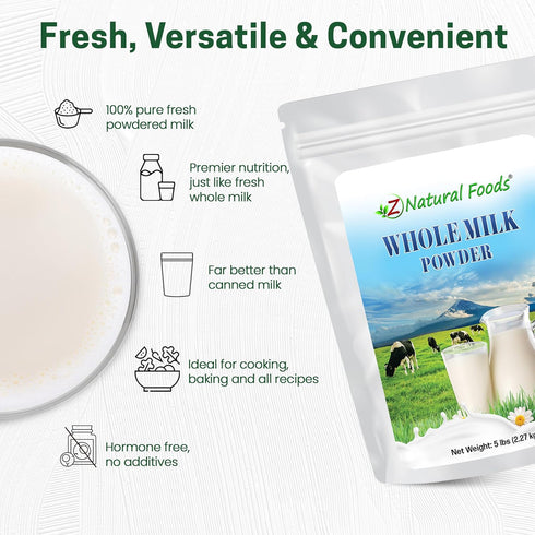 5 lbs Z Natural Foods Premium Whole Milk Powder - Powdered Milk for Baking, Cooking, Drinks - Dry Milk Powder