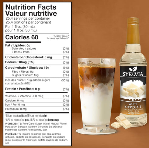 25.4 oz Syruvia Coffee Syrup, White Chocolate Flavored Syrup for Drinks, Lattes, and Desserts fl