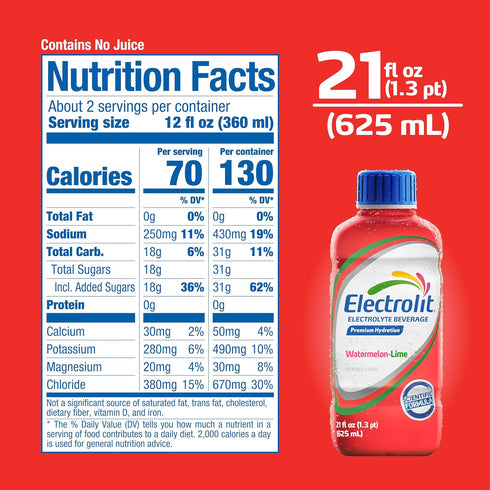 21 Oz (Pack 12) Electrolit, Electrolyte Beverage, Watermelon-Lime, Fl bottle