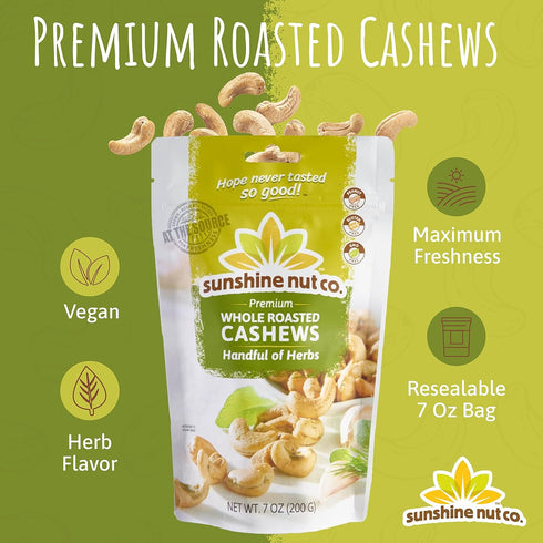 7 oz. Packs Sunshine Nut Company Whole Roasted Lightly Salted Cashews, Handful of Herbs Flavor, Single Bag, Gluten
