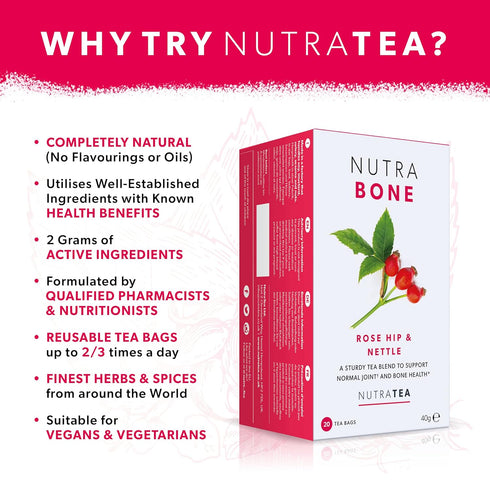 NUTRABONE Bone Health Tea - Herbal Tea with Rose Hip, Ginkgo Biloba, Yucca - 20 Enveloped Tea Bags