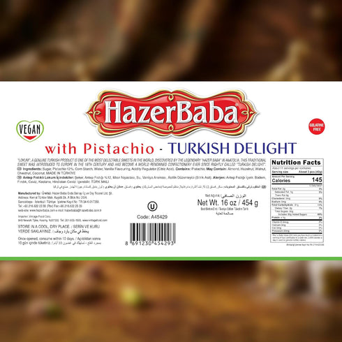 16oz (Pack 1) Hazer Baba Turkish Delight Pistachio Candy, of Gourmet Snack Box, Traditional, Vegan Snack, Turkish