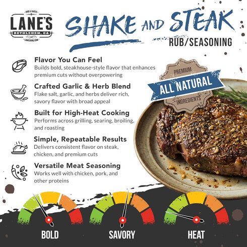 8 oz, Lane's BBQ Shake and Steak Rub, All Natural Steak Seasoning for Grilling, Meat Seasoning for Ribeye, Chicken