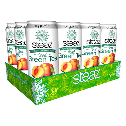 16 oz (Pack 12) Steaz Organic Iced Green Tea, Peach Lightly Sweetened