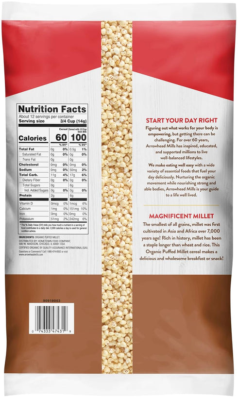 6 (Pack 12) Arrowhead Mills Organic Puffed Millet Cereal, Ounce Bag
