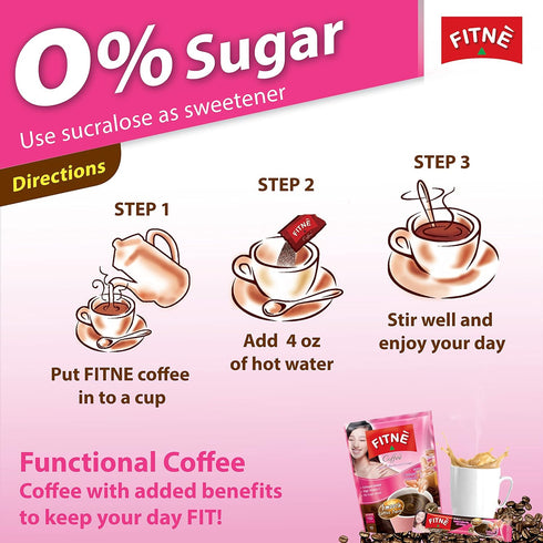 FITNE Instant 3 In 1 Coffee Packets, 10 Sticks with Natural Hydrolyzed Collagen, Vitamin C, No Sugar