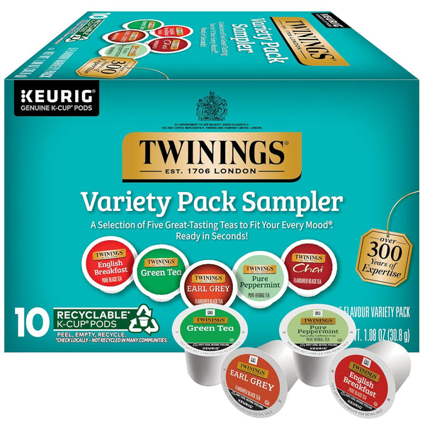 Twinings K-Cup Pods Variety Pack, Includes English Breakfast, Earl Grey, Chai, Green,
