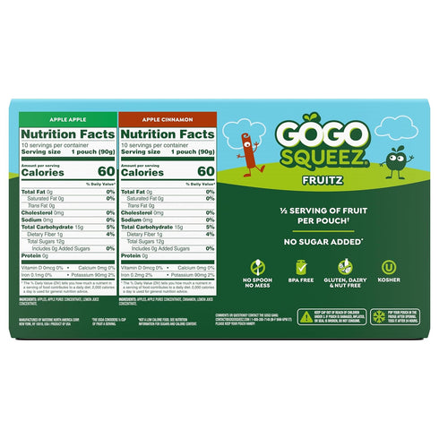 Pack, 3.2 oz (Pack 20), GoGo squeeZ No Sugar Added Applesauce and Fruit Puree Variety Apple & Cinnamon, Pouches