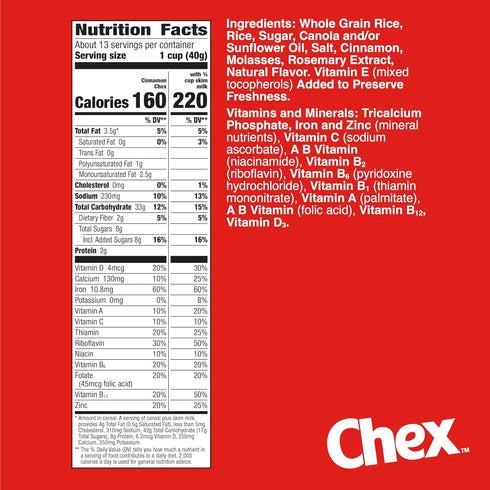 19.2 oz Cinnamon Chex Cereal, Gluten Free Breakfast Cereal, Made with Whole Grain, Family Size