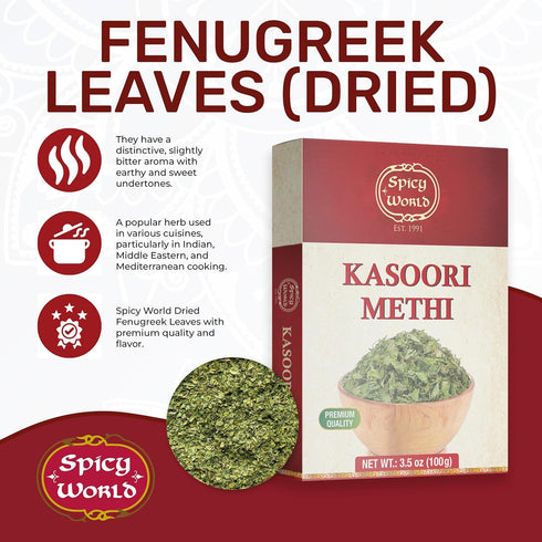 Spicy World Dried Fenugreek Leaves (Kasoori Methi) 3.5oz Box (100g) - All Natural | Vegan | Gluten Friendly | NON-GMO | Indian