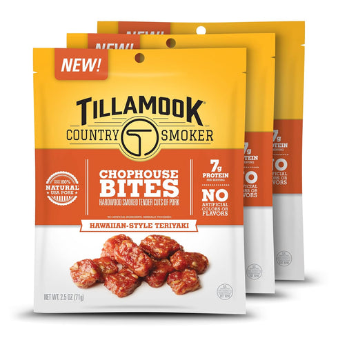 Tillamook Pork Snacks, Country Smoker Chophouse Bites, Hawaiian-Style Teriyaki Tender Cuts, Ready