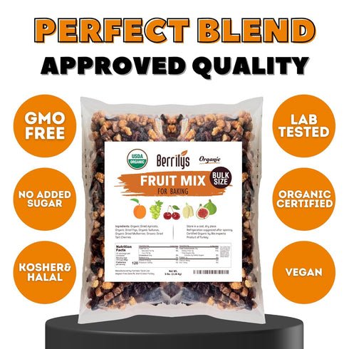 5 Lbs, Mulberries, Fruit Mix, Organic, Berrilys, Dried Fruits, Diced Figs, Diced Apricots, White Sultanas, Sour