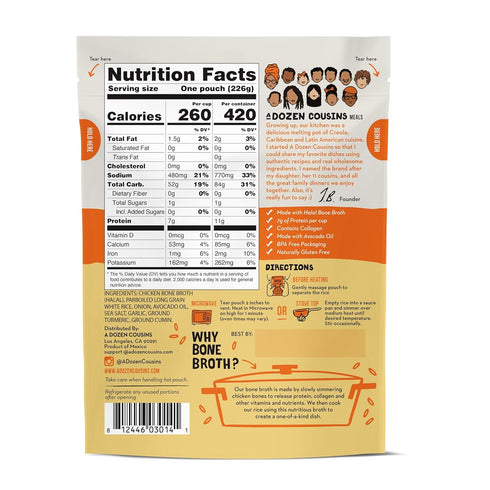 Dozen 6pk, 8oz Packets A Cousins Spanish Bone Broth Rice Ready to Eat Seasoned High Protein Rice, Clean Ingredients