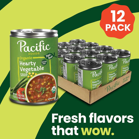 16.3 oz (Pack 12) Pacific Foods Organic Hearty Vegetable Soup, Plant Based, Can