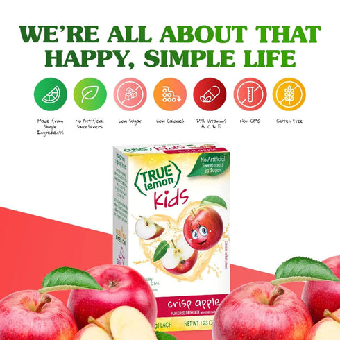 TRUE LEMON KIDS Crisp Apple (10 Packets) - Low Sugar Hydration, No Preservatives, No Artificial Flavors, No Sweeteners