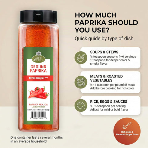 16 oz Good Tierra Ground Paprika Powder - Sweet & Hot Paprika Spice for Cooking, Spices and Seasonings, Bulk Culinary