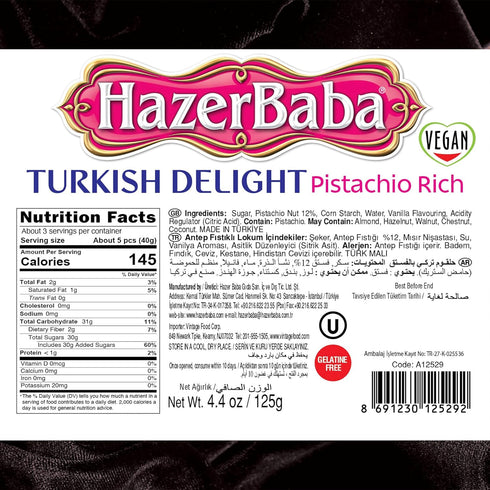 4.4oz (Pack 1), Hazer Baba Turkish Delight Pistachio Candy, of Gourmet Snack Box, Traditional, Vegan Snack, Turkish