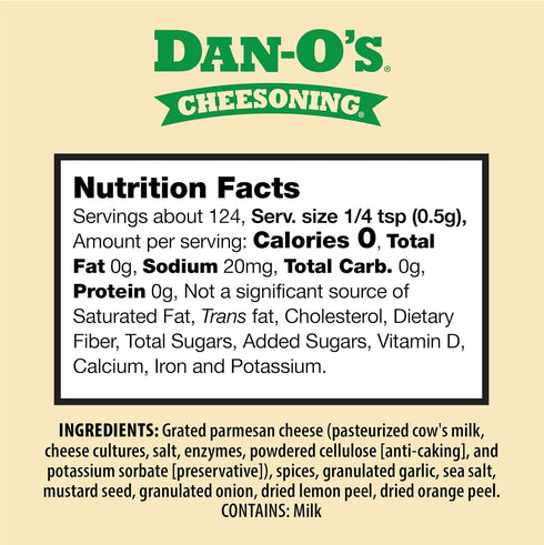 2.2 oz Dan-O's Cheesoning Seasoning, Bottle, All Purpose Seasoning for Pizza, Popcorn, Chicken, Bread and More, Sugar