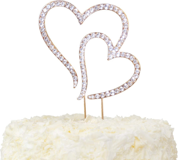 LOVENJOY Gift-Boxed Double Hearts Cake Topper, Rose Gold with Crystal Rhinestones