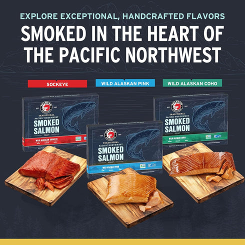 18oz (3 6oz) 18 (3 6 SeaBear Smoked Salmon Trio x Fillets Gift Box Wild Alaska Sockeye, Wild Pink & Coho Fillets, Shelf
