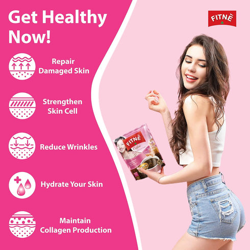 FITNE Instant 3 In 1 Coffee Packets, 10 Sticks with Natural Hydrolyzed Collagen, Vitamin C, No Sugar