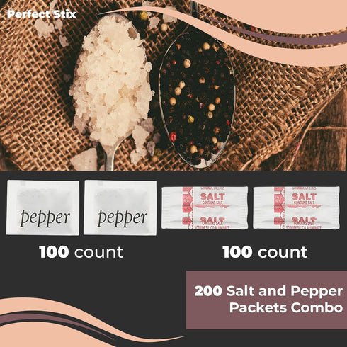 Perfect Stix Salt and Pepper Packets - 200 Packets Combo, 100 of Each