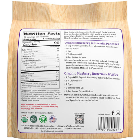 22 oz (Pack 2) War Eagle Mill Organic Blueberry Buttermilk Pancake & Waffle Mix, Bag