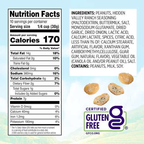 11 oz Snak Club Peanuts with Hidden Valley Ranch Seasoning, Roasted Nuts, Gluten-Free and Kosher Snack, Resealable Bag