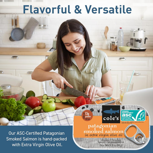 Packed 3.2 oz COLE'S SEAFOOD - Hand Smoked Salmon in Olive Oil, Preservative Free Seafood, Canned Fish, High in Protein