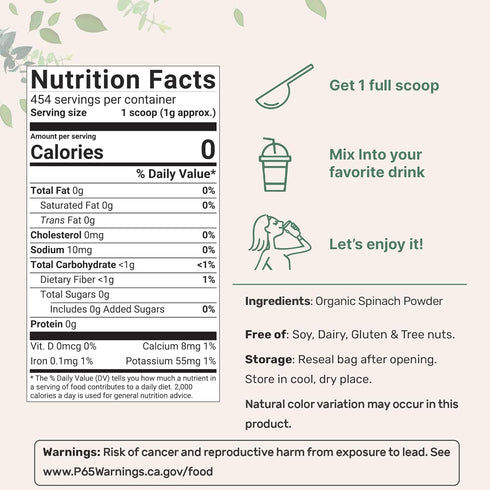 1 Sustainably US Grown, Organic Spinach Powder, Pound, Freeze Dried from Whole Leaf, Rich in Beneficial Thylakoids