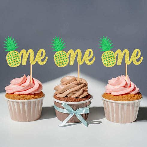 Ercadio 24 Pack Pineapple Cupcake Toppers - Glitter Pineapple 1st Birthday Cupcake Picks for Hawaii Luau Tropical Party