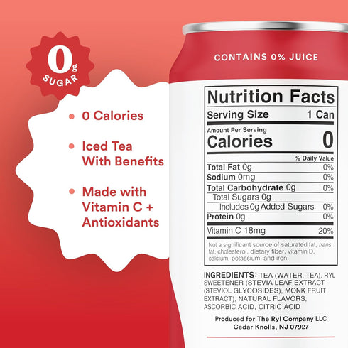 16.0 Oz (12-Pack) Ryl Iced Tea, Raspberry, Antioxidant Superblend, No Artificial Ingredients, Fl