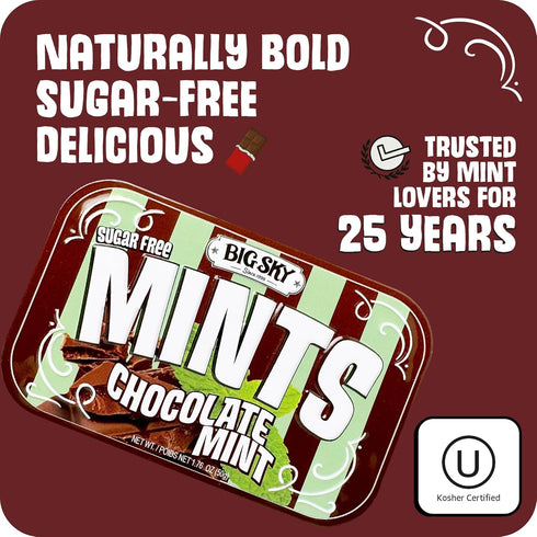 50 Count (Pack 6) Big Sky Sugar Free Mints - Chocolate Mint - Tin of | Kosher Certified, Vegan Candy | Aspartame