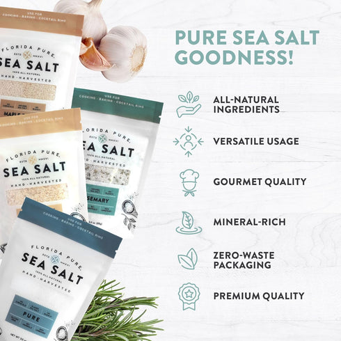 Set 4 Florida Pure Sea Salt Gift - Flavors Bundle with Garlic, Rosemary, Maple Bacon & Pure | Hand-Harvested