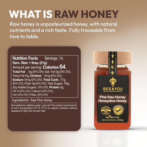 100% (10.6 oz) BEE and YOU Pine Raw Honey, Honeydew Honey, Wild-crafted, Natural, Unprocessed, Enzymes, Antioxidants