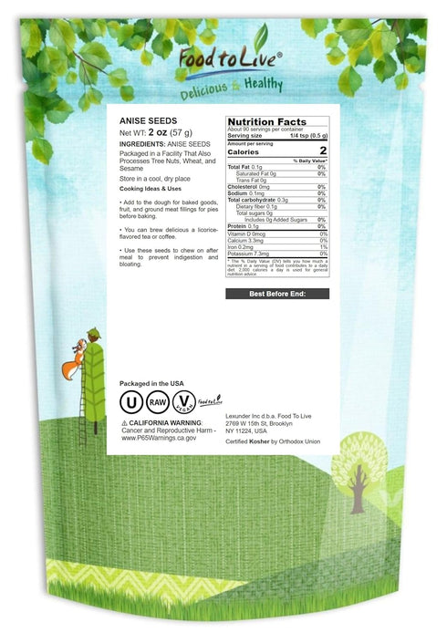 2 Food to Live - Anise Seeds Whole, Ounces Whole Dried Anise Seeds, Kosher and Vegan, Bulk Aniseed Spice. Used in Baked