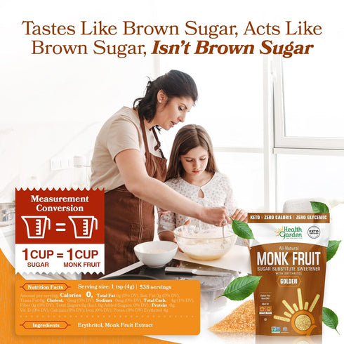4.75lbs 1:1 Health Garden Monk Fruit Sweetener, Golden, Bag Monk Fruit Sugar Substitute with Erythritol Zero Calorie