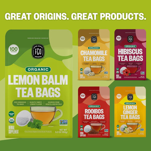 100 Count, Packaging (Pack 1) FGO Organic Lemon Balm Tea, Eco-Conscious Herbal Tea Bags, Resealable Bag, Caffeine Free