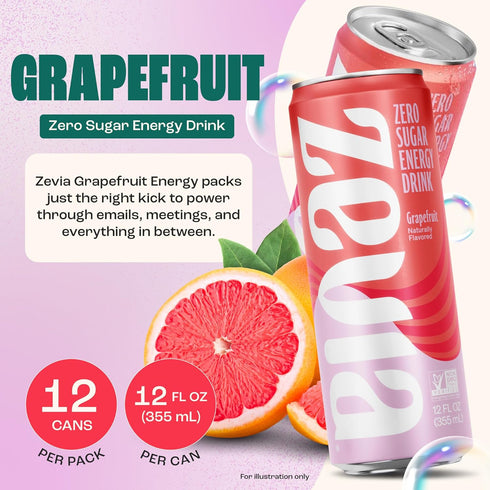 Drink,Grapefruit,12 oz Verified,Gluten-Free,Vegan,(Pack 24) Zevia Zero Sugar Energy Cans Naturally Sweetened,Non-GMO