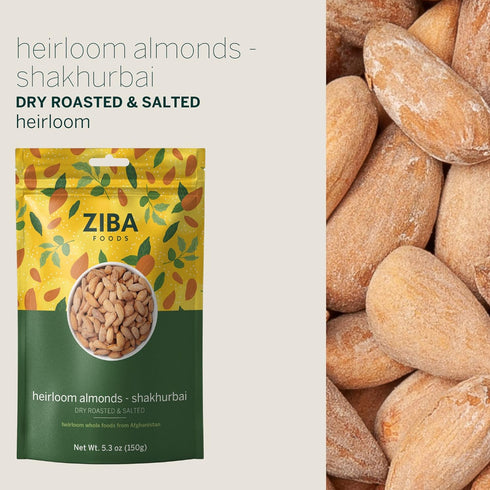 Ziba Foods Heirloom Shakhurbai Almonds, Dry Roasted & Salted, Non-GMO, Vegan, Gluten Free Snack, 5.3 oz