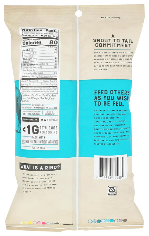 2.5 oz EPIC Sea Salt and Vinegar Pork Rinds, Keto Friendly, Protein Snacks