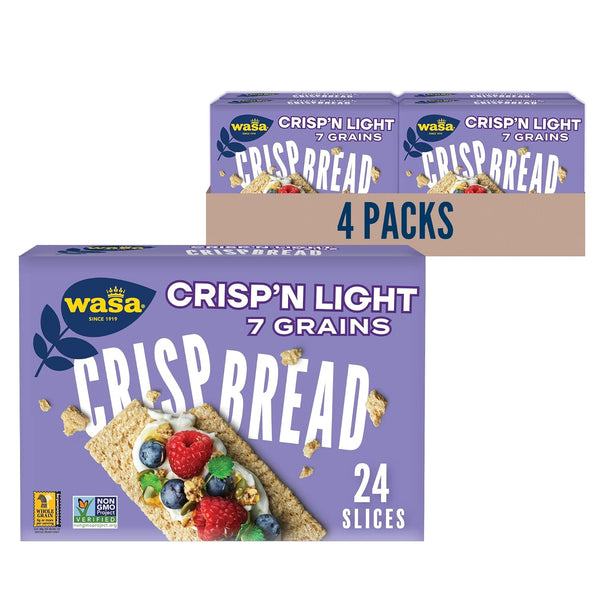 Wasa Crisp’n Light 7 Grains Crispbread, 4.9 oz (Pack of 4), Non-GMO Crackers, 7 Grain Blend, 20 Calories