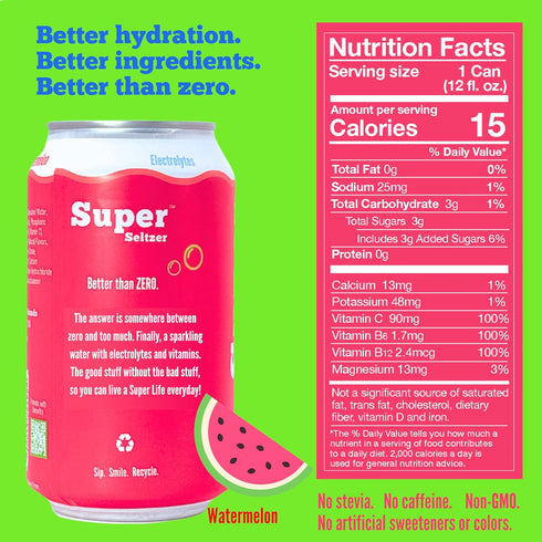 12 Oz, Pack 12 Super Seltzer Sparkling Water with Electrolytes and Vitamins, Watermelon Naturally Flavored, Fl of cans