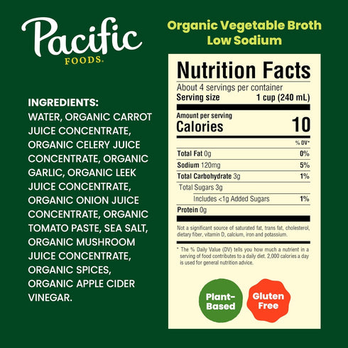 32oz, 12-pack Pacific Foods Organic Vegetable Broth, Low Sodium, Keto Friendly