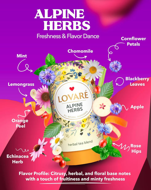 LOVARE Alpine Herbs Loose Leaf Tea 80 g - Made in Ukraine – Lemongrass, Chamomile Flowers, Rose Hips, Orange Peel and Blossom, Blackberry Leaves, and More with 15 Paper Filters
