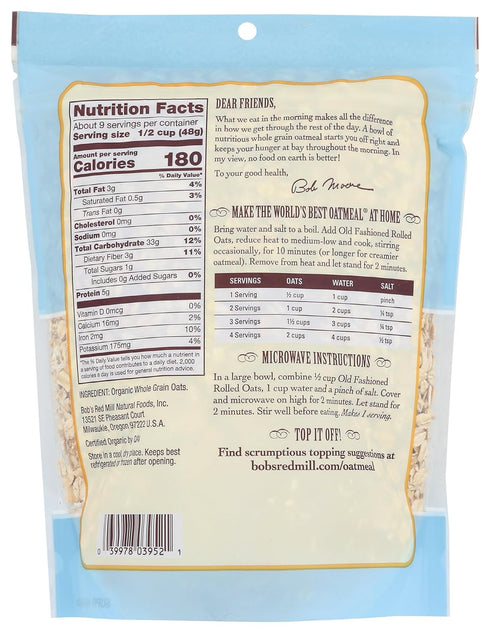 16oz (Pack 1) Bob's Red Mill Organic Old Fashioned Rolled Oats, of - Non GMO, Whole Grain, Vegan, Kosher