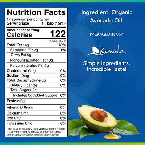 8.5 oz 250 ml Kevala Organic Avocado Oil - - - Cold Pressed - Avocado Oil for Cooking - Organic Vegetable - High Smoke